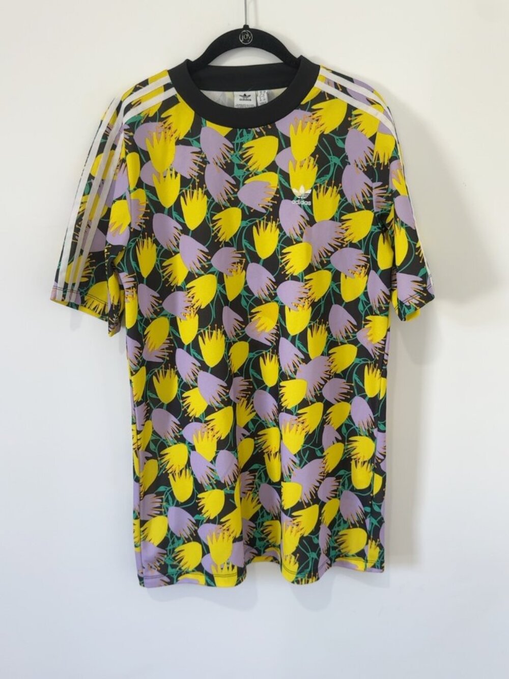 Adidas Originals Yellow Lavender Floral Three Stripe T-Shirt Dress Size S